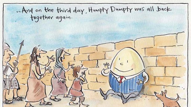 One of the cartoons in question, from Sunday, April 8th. <em>Illustration: Cathy Wilcox</em>