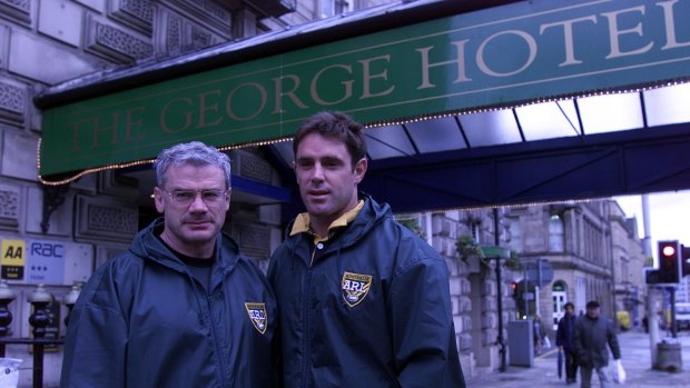 Better days: Australia coach Chris Anderson and captain Brad Fittler outside the symbolic home of league, the George Hotel, Huddersfield, back in 2001.