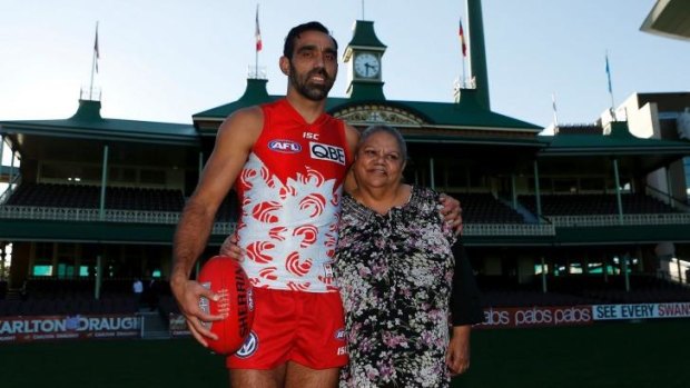 Adam Goodes wears the Swans indigenous round guernsey, which was designed by his mother Lisa Sansbury.