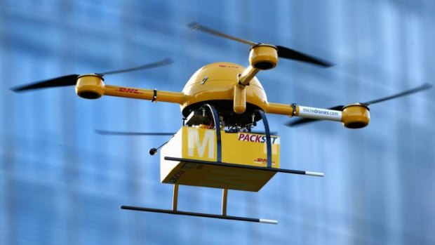 Special delivery:  A quadcopter drone arrives with a small delivery at Deutsche Post headquarters in Bonn, Germany. 