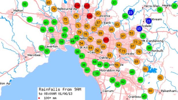 Rainfall measured across Melbourne.