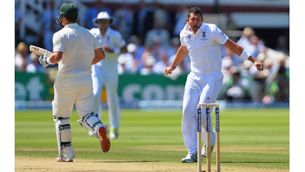 Tim Bresnan celebrates after trapping Shane Watson lbw with the last ball before lunch on day two of the second Test.