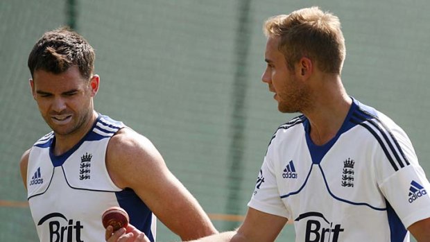 England bowlers James Anderson and Stuart Broad during a nets session in Ahmedabad on Tuesday.