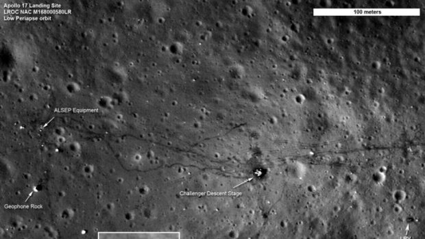 NASA's Lunar Reconnaissance Orbiter (LRO) image released on September 6, 2011 shows the Apollo 17 site on the moon, where the tracks laid down by the lunar rover are clearly visible, along with the last foot trails left on the moon.