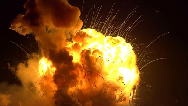 The unmanned rocket exploding seconds after lift-off at Wallops Island, Virginia.