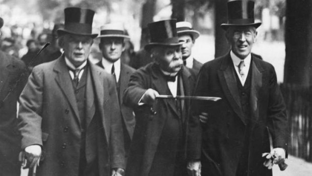 The march to peace: Woodrow Wilson, right, in 1919 with the British and French prime ministers, David Lloyd George and Georges Clemenceau.