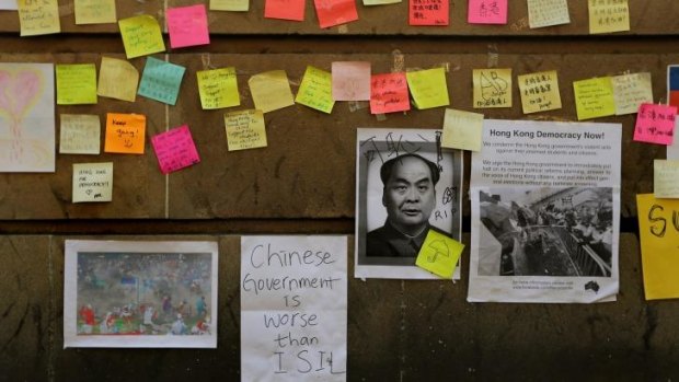 Messages of support for the Hong Kong protesters on the wall of Hong Kong House on Druitt Street in the Sydney CBD.