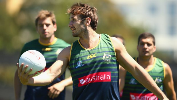 Essendon captain Jobe Watson trains in Sydney on Monday ahead of Saturday's match against Ireland.