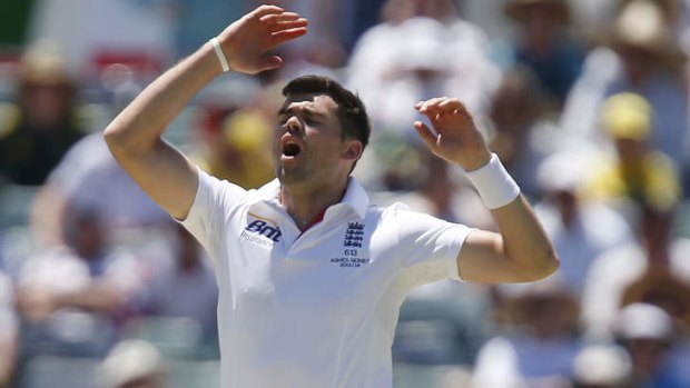 James Anderson reacts after missing a wicket.