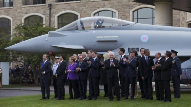 NATO leaders watch a flypast at the NATO summit in Newport, Wales on Friday.
