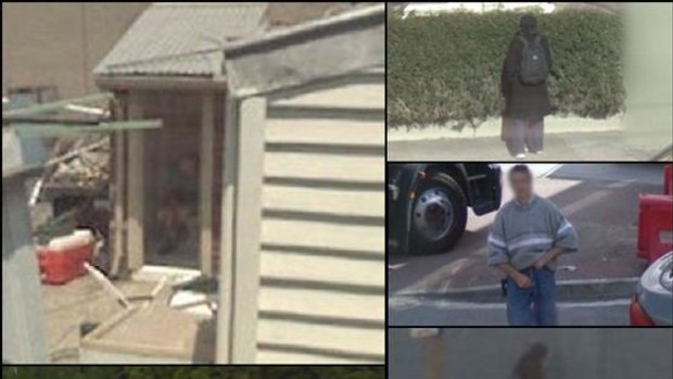 Google Street View images showing the man in the Port Melbourne dunny (top left) and several examples from around the world of private activities being captured for public view.