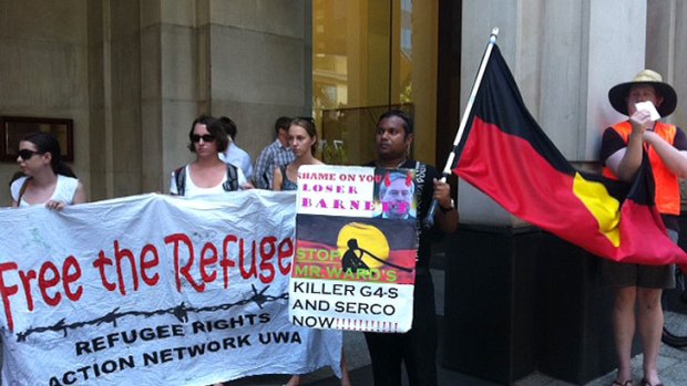 Occupy Perth, together with community activists, refugee rights activists, unionists, Aboriginal deaths in custody activists, at a protest action outside Serco’s head office in Perth on March 9.