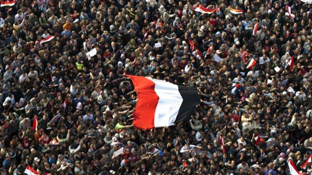 Hundreds of thousands of Egyptian anti-government protesters gather at Cairo's Tahrir Square.