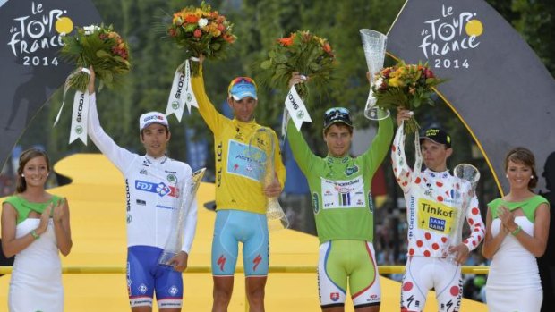 Classification winners: (from left) )Thibaut Pinot, Vincenzo Nibali, Peter Sagan and Rafal Majka.