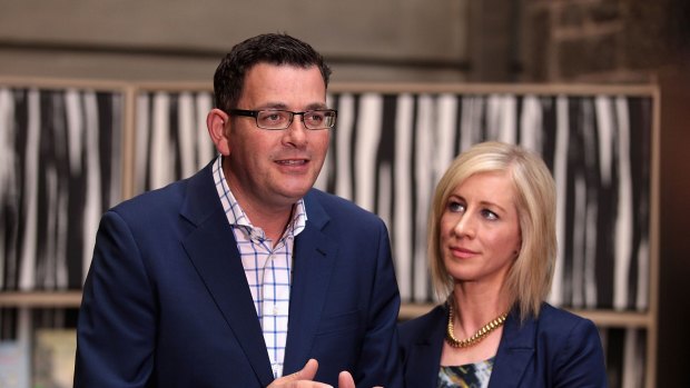 Labor leader Daniel Andrews with his wife Catherine has pledged to breath test MPs should he win the Victorian election.