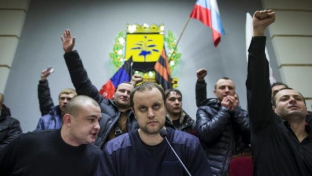 Pavel Gubarev, centre, during a take over of the regional parliament in Donetsk.
