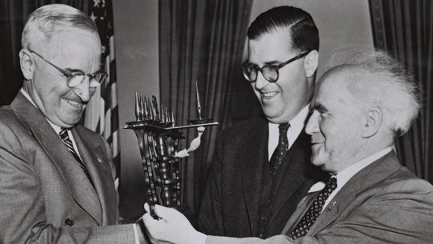 Victors ... the first Israeli Prime Minister, David Ben-Gurion, right, and Abba Eban, centre, who led Israel's diplomatic campaign in 1947, with the then US President Harry Truman.