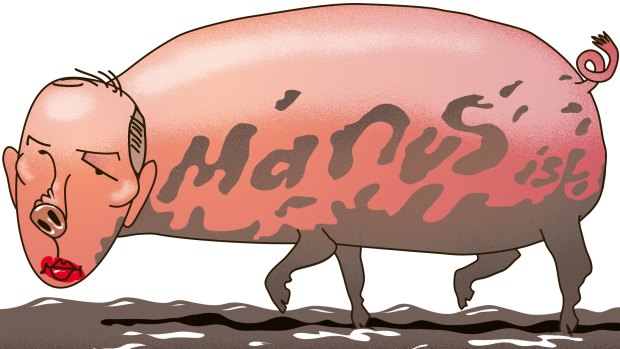 Peter Dutton as a pig in lipstick trying to tip-toe over the mud of Manus Island.