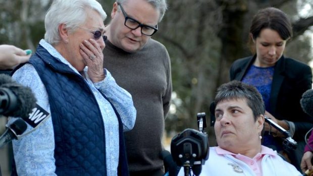 Wendy Rowe, mother of thalidomide victim Lynette, becomes emotional during a statement regarding an apology from the drug's manufacturer.