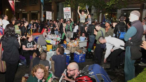 Occupy Sydney protesters camp outside the Reserve Bank in Martin Place last night.