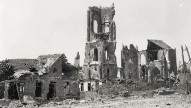 View of ruined Church of Villers-Bretonneux. May 1918.