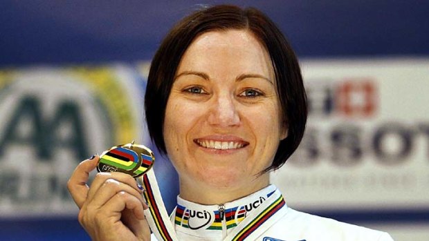 Another gold ... Anna Meares celebrates after winning the keirin.