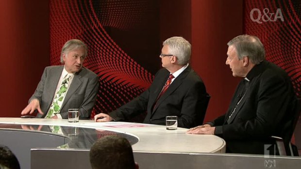 Richard Dawkins, left, with Q&A hosT Tony Jones and George Pell.