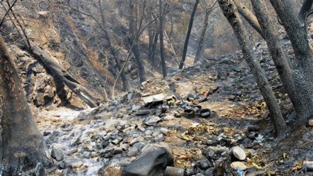 This image provided by the Santa Barbara County Sheriff's Department shows an encampment believed to be the origin of the La Brea Fire in Santa Barbara County.