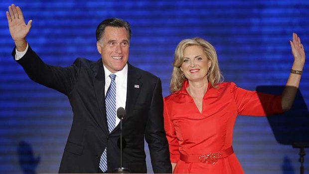 Ann Romney  waves with her husband Republican presidential nominee Mitt Romney during the Republican National Convention in Tampa, Florida.