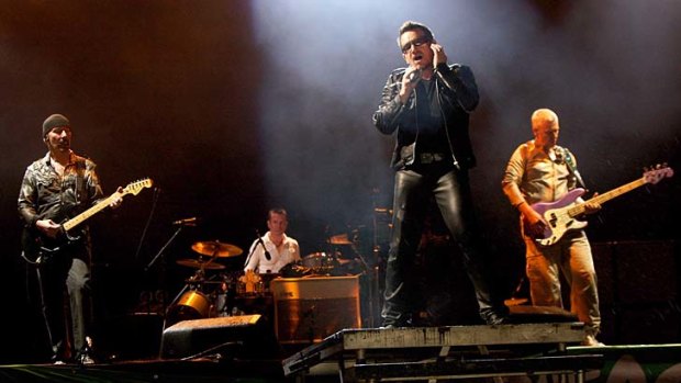 Adam Clayton, Bono Larry Mullen Jr and The Edge of U2 perform at the Glastonbury Festival at Worthy Farm, England.