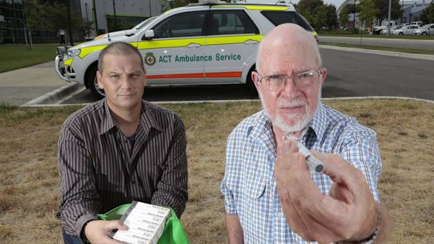 CAHMA manager Simone Crawford and social researcher David McDonald with a Naloxone kit.