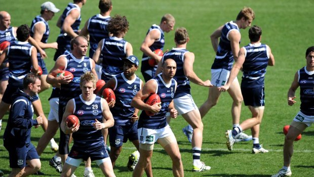 James Podsiadly and the Geelong team during training.