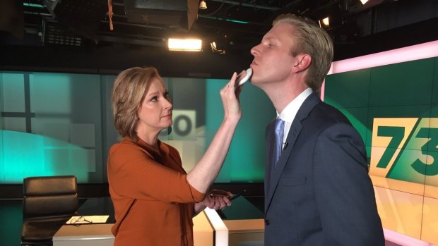Leigh Sales with fortnightly humorist Mark Humphries on <i>7.30</i>.