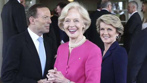 Prime Minister Tony Abbott with Governor-General Quentin Bryce and Foreign minister Julie Bishop at Government House.