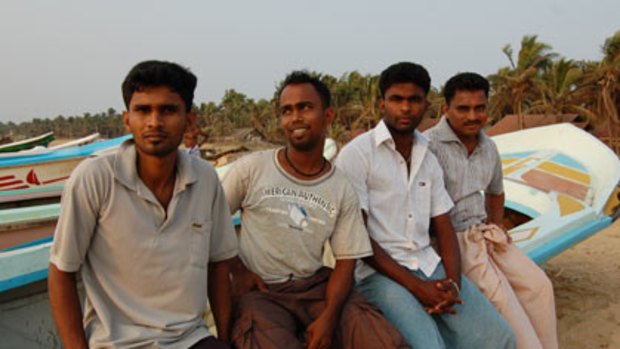 Hoping for a new life ... from left, S. Prabhu, Arun Raj, Kethwes Kumar and Kether Vran at the beach in Andimunai, Sri Lanka, near where the people-smuggling boats are launched.