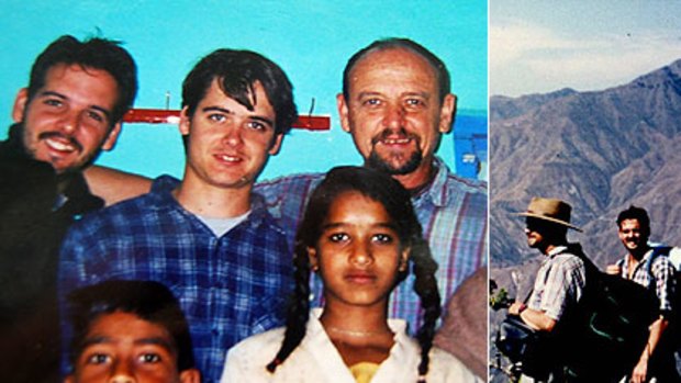 Left - George Dobson (top right) with his sons, Matt and Dan, with Indian villagers in 1999. Right - George and Matt during a mountain hike in India.
