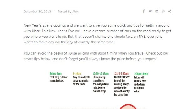 The surge in Uber prices on New Year's Eve, as shown on an Uber blog posting. 