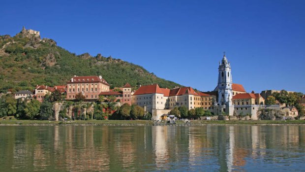 Sailing into history: Durnstein abbey's ornate blue tower.