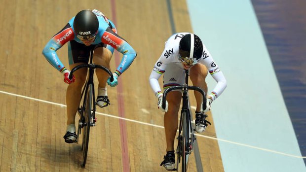 Becky James (right) of Great Britain beats Anna Meares of Australia in the Women's Sprint on day two of the UCI Track Cycling World Cup at Manchester Velodrome.