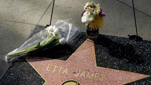 Flowers placed by fans sit atop the the Hollywood Walk of Fame star of singer Etta James.
