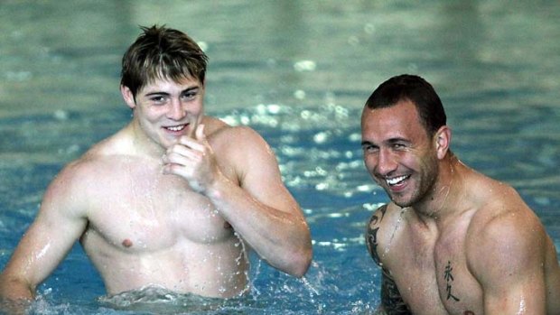 All smiles on our side of the ditch &#8230; Wallabies James O'Connor and Quade Cooper relax yesterday.
