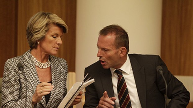 At odds ... Julie Bishop and Tony Abbott meet with the shadow cabinet gathered on the eve of the resumption of Federal Parliament yesterday.