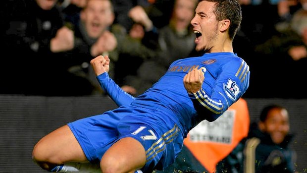 Eden Hazard of Chelsea celebrates his penalty in the 94th minute that sent the match into extra time.