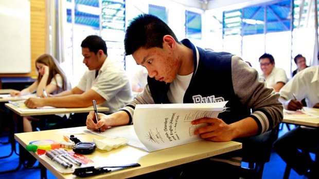 Focused ... Aengus Tran from Sydney Secondary College sits the HSC English exam.