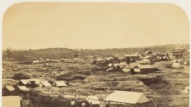 Pioneer photographer Richard Daintree captured the manmade devastation of the Forest Creek diggings in this view of Golden Point in 1858. The taller buildings on the horizon line is the highway where Robert Hewett began to build a house after his family lived in a tent for six years.