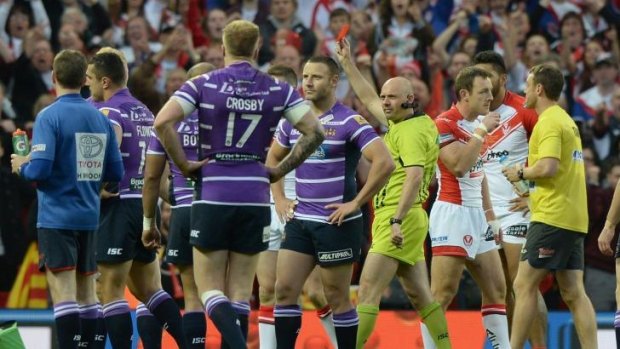Marching orders: referee Phil Bentham sends off Ben Flower of Wigan Warriors.