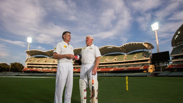 Remember when: Len Pascoe (left) and Barry Richards enjoyed a re-enactment of the first ball bowled under lights at Adelaide Oval.