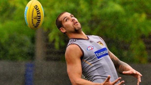 Lance Franklin tests a move at training last week.