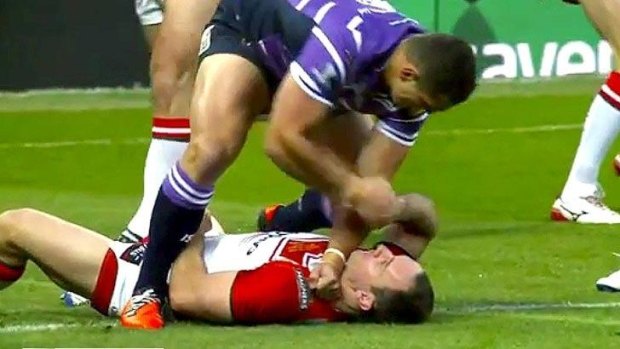 Red card offence: Ben Flower of Wigan Warriors punches Lance Hohaia.