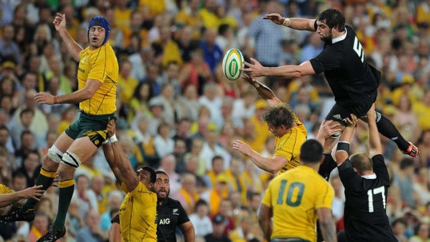 The Wallabies and All Blacks contest the Bledisloe Cup at Suncorp Stadium on October 20, 2012.